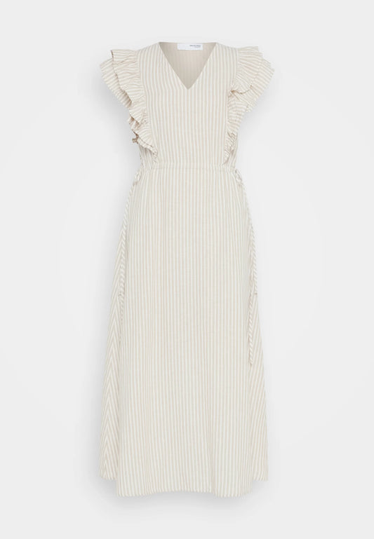 Selected Femme Stripe Linen Dress - Beige