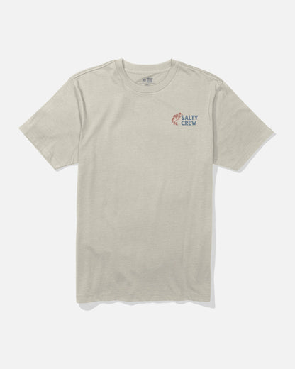 Beige t-shirt with Salty Crew logo on a white background