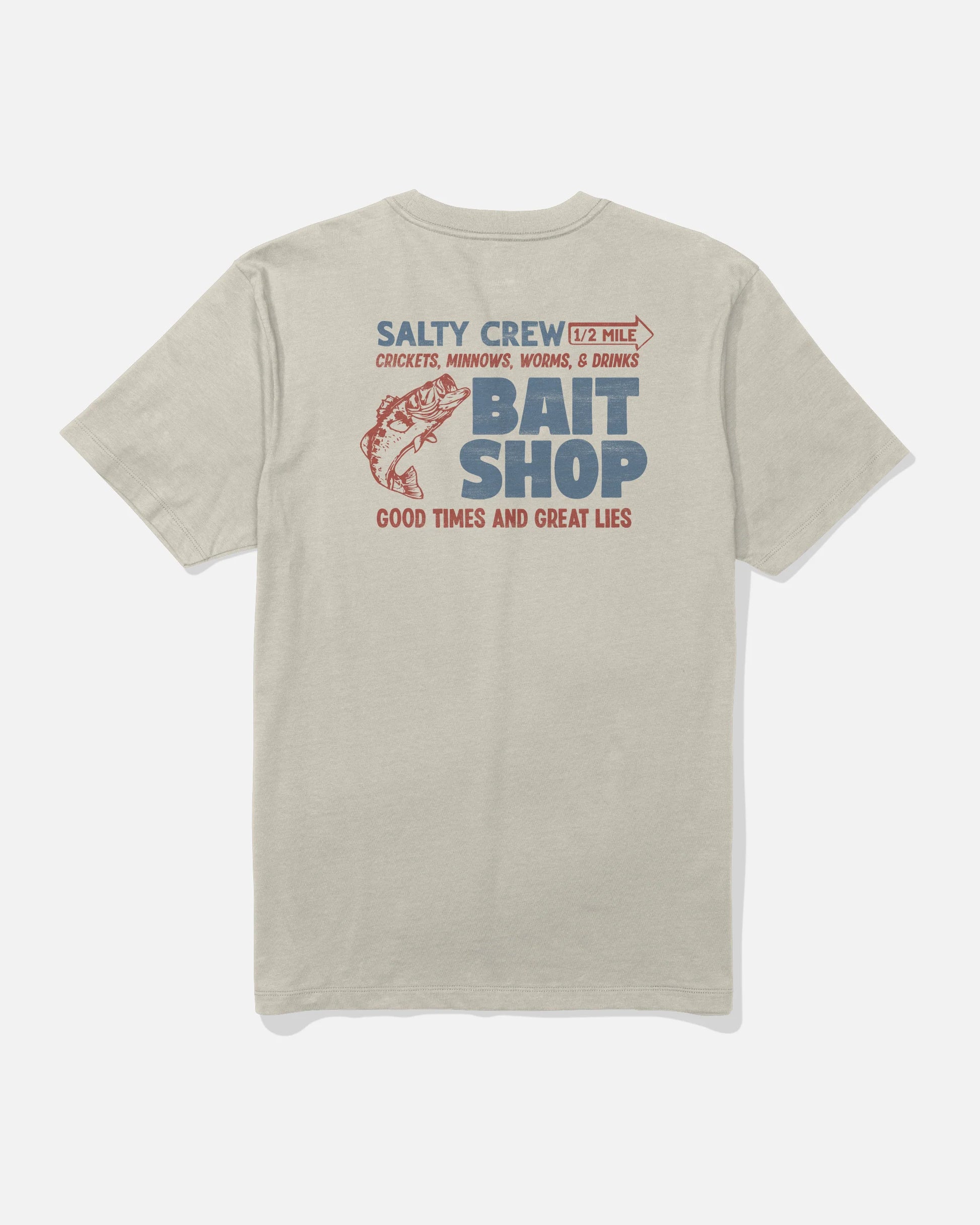 Beige t-shirt with Salty Crew Bait Shop graphic on a white background