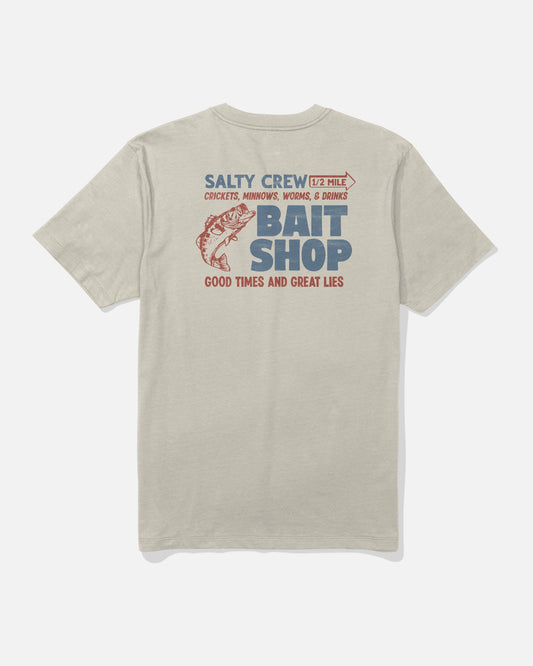 Beige t-shirt with Salty Crew Bait Shop graphic on a white background