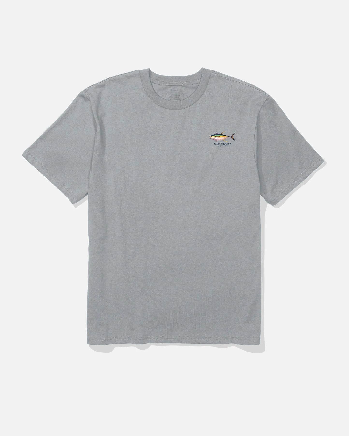 Gray t-shirt with a small logo on a white background