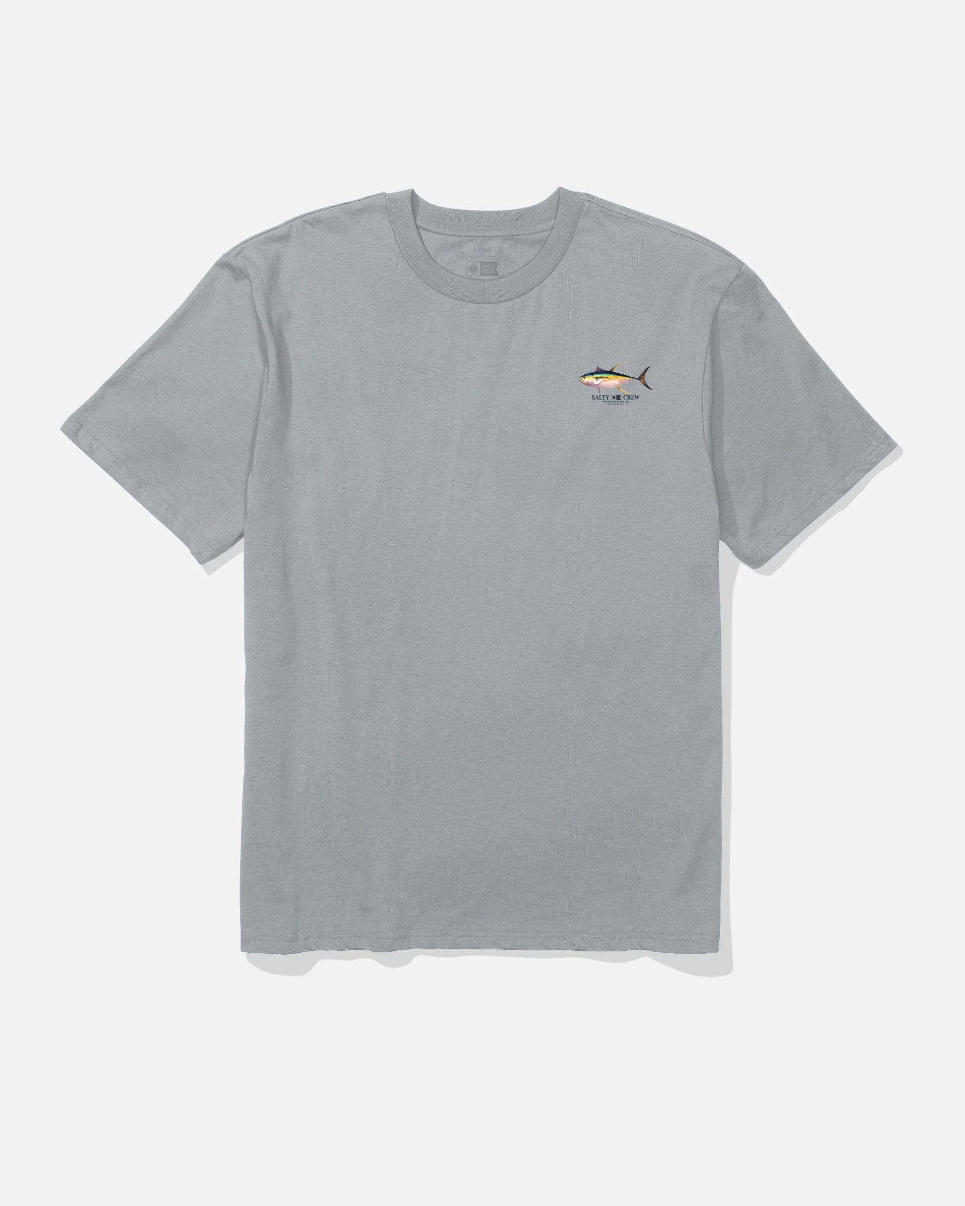 Gray t-shirt with a small logo on a white background