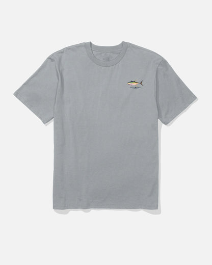 Gray t-shirt with a small logo on a white background