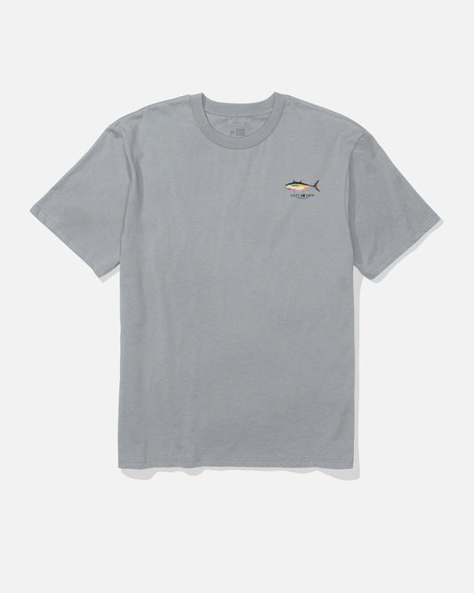 Gray t-shirt with a small logo on a white background