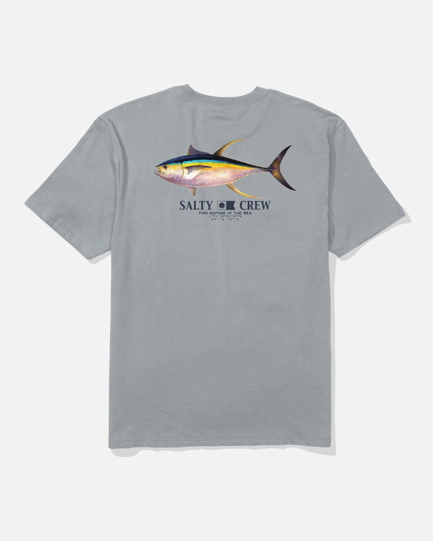 Gray t-shirt with a fish graphic and 'Salty Crew' logo on a white background