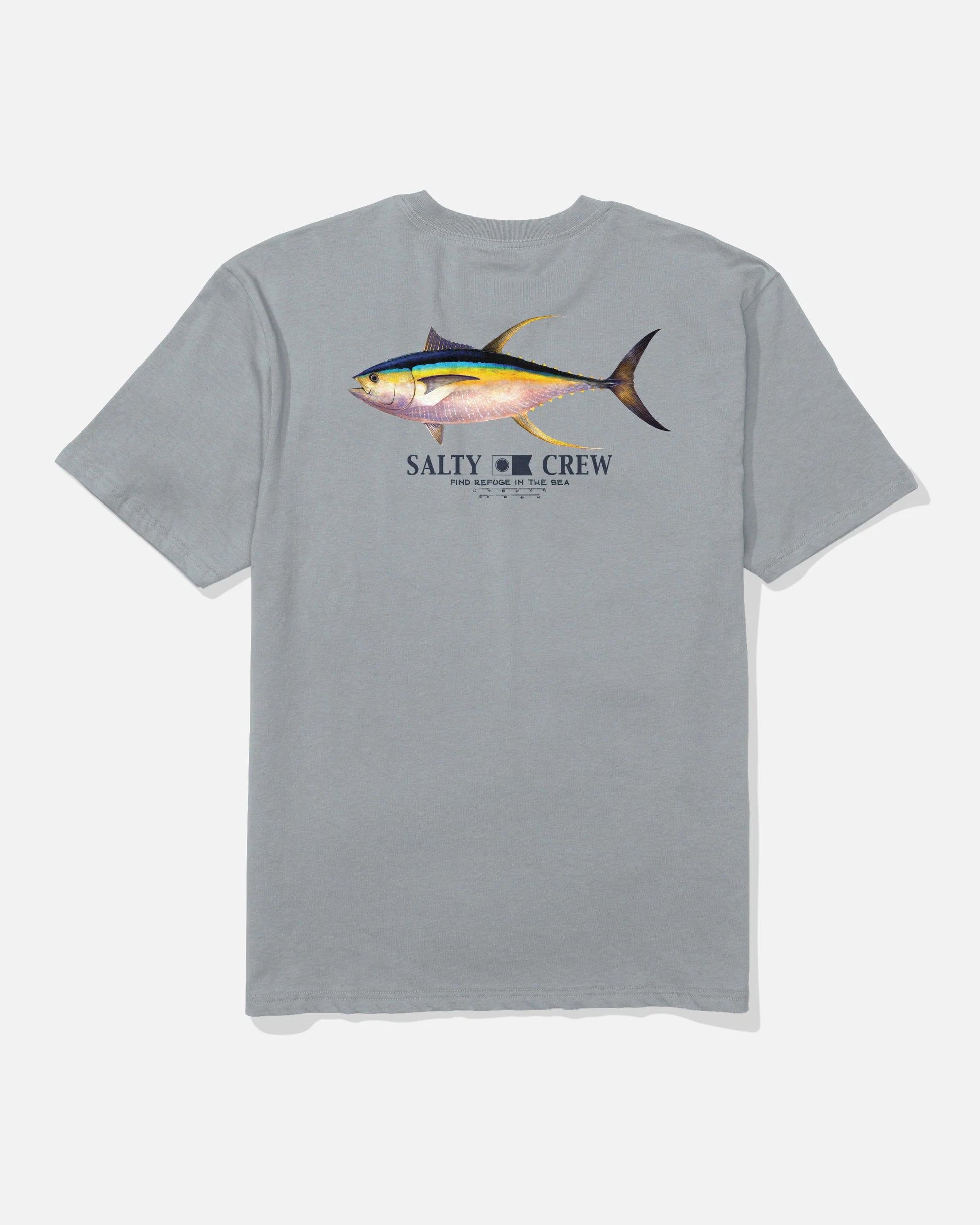 Gray t-shirt with a fish graphic and 'Salty Crew' logo on a white background