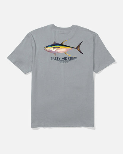 Gray t-shirt with a fish graphic and 'Salty Crew' logo on a white background