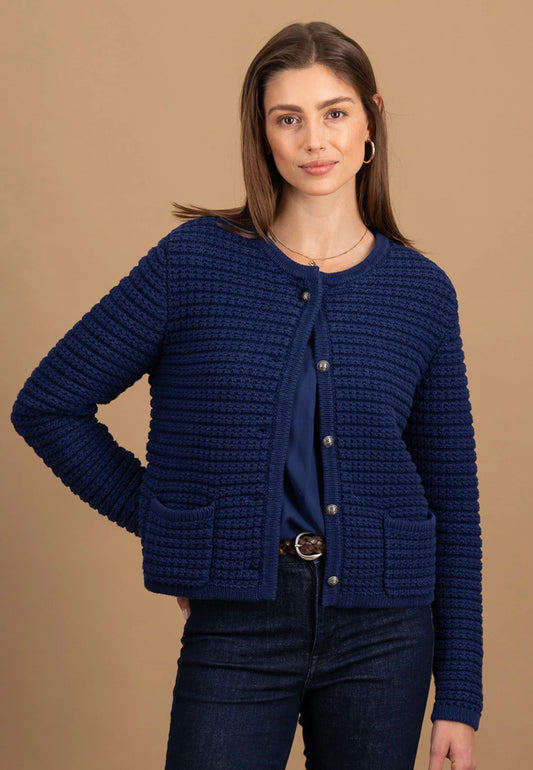 Fynch Hatton Round Neck Knit Cardigan - Aura Blue