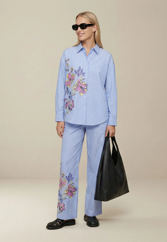Fynch Hatton Cotton Stripe Trousers With Flower Detail - Cornflower Blue