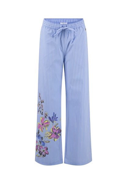 Fynch Hatton Cotton Stripe Trousers With Flower Detail - Cornflower Blue