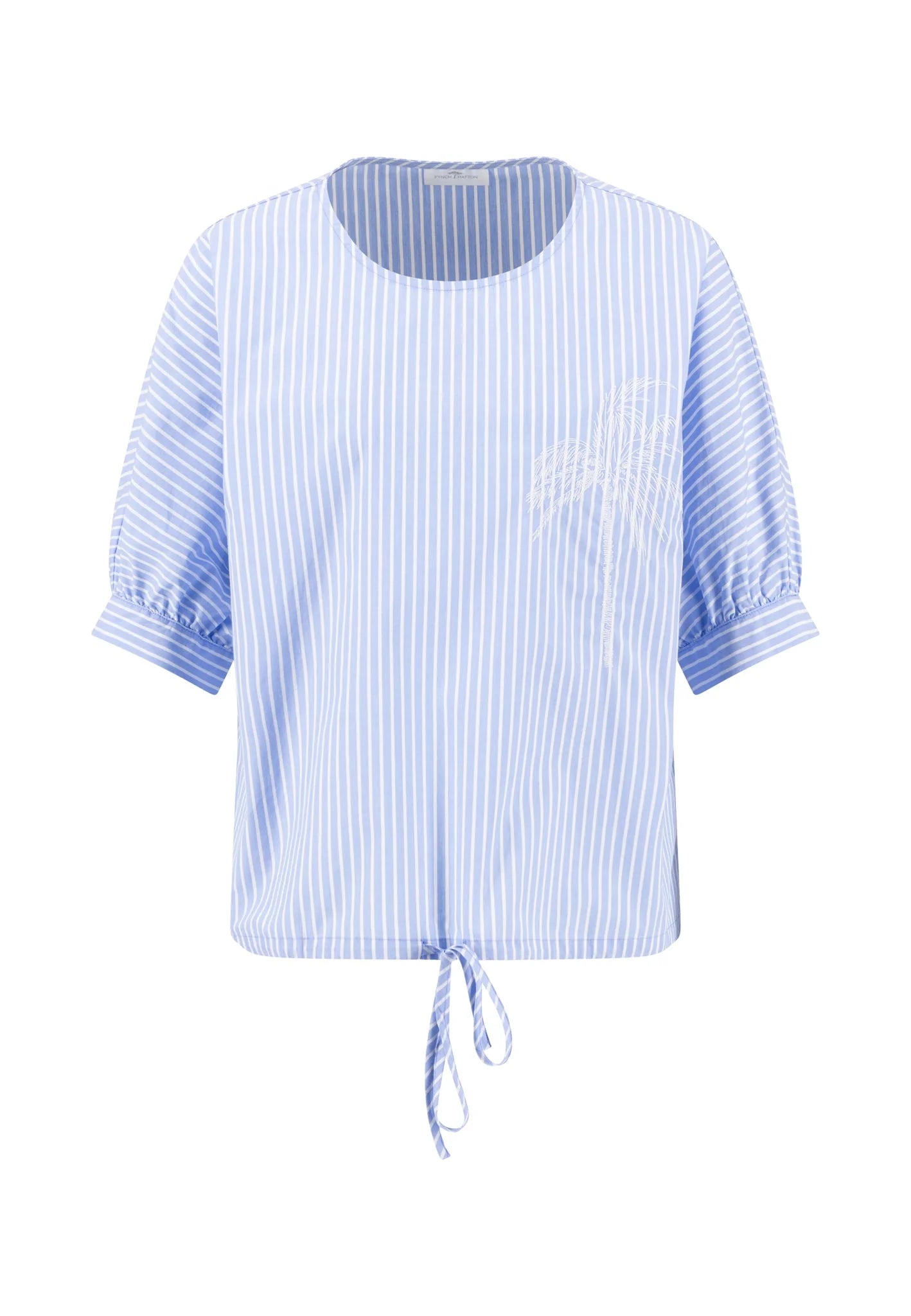 Blue and white striped shirt with a tie detail on a white background