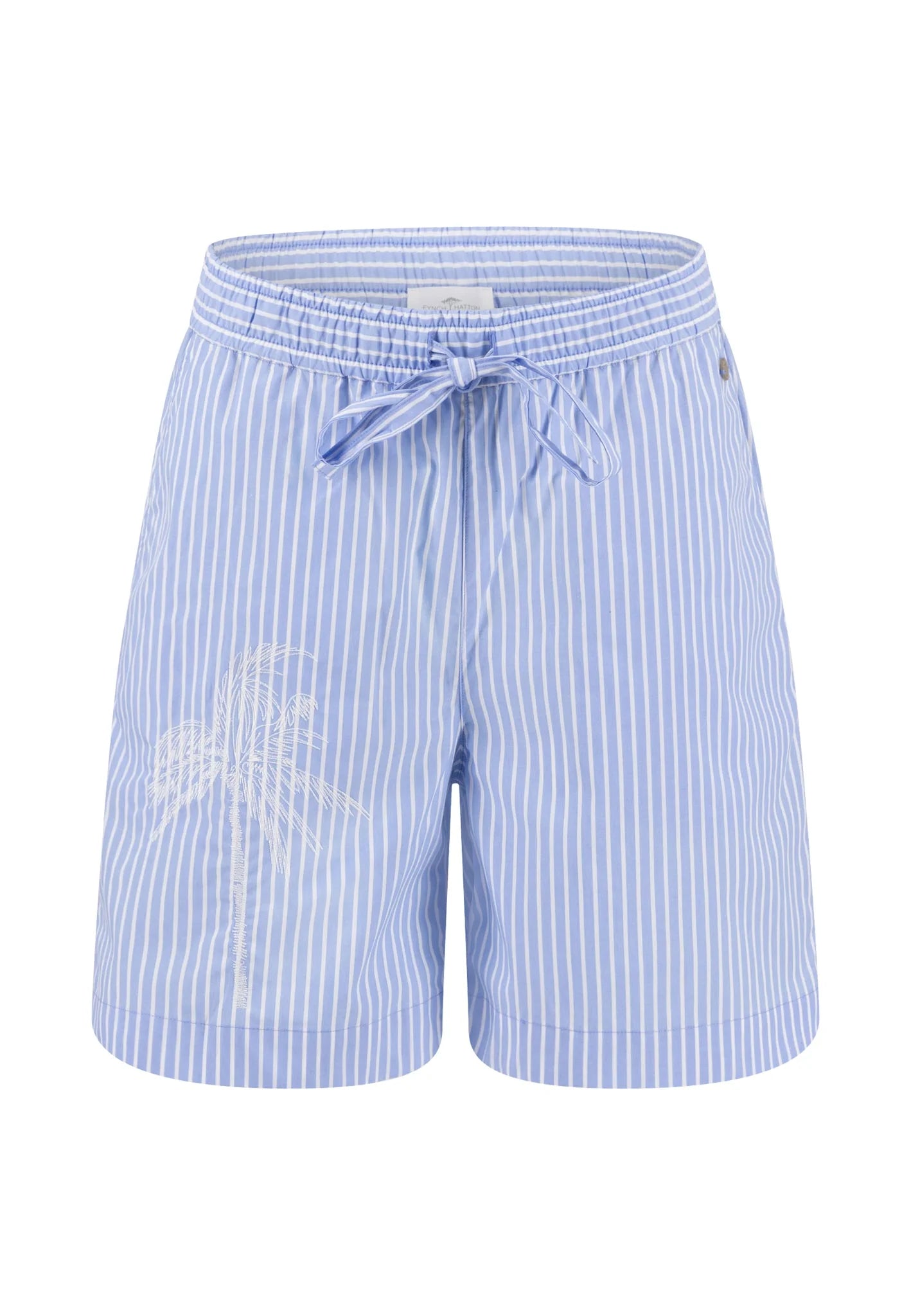 Blue and white striped shorts with a floral design on a white background