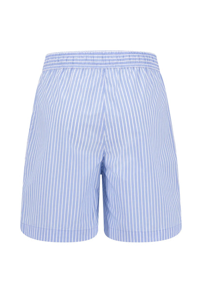 Blue and white striped shorts on a white background