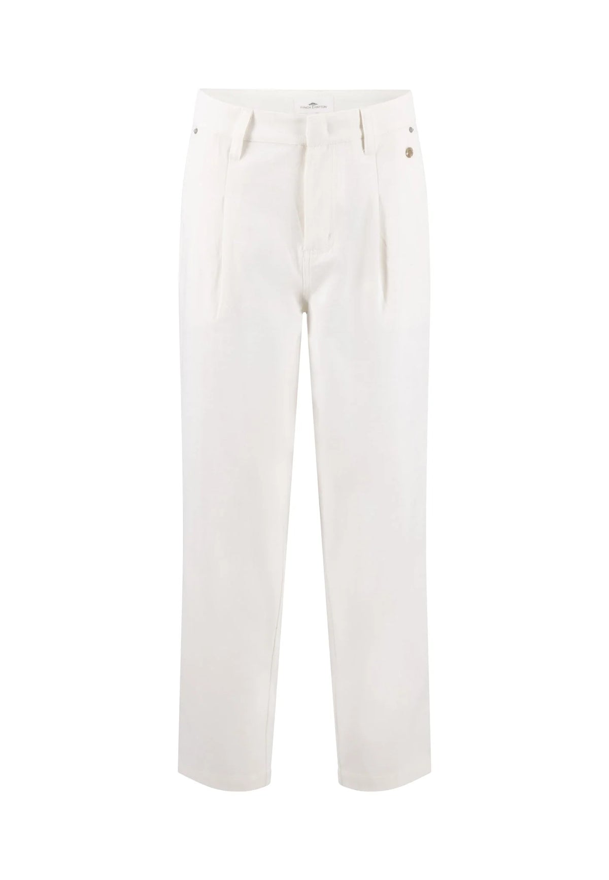 A pair of off-white straight-leg trousers with front pleats, shown flat against a solid white background.