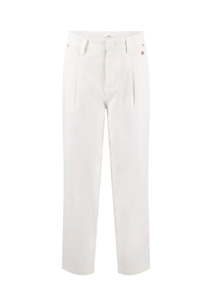 A pair of off-white straight-leg trousers with front pleats, shown flat against a solid white background.