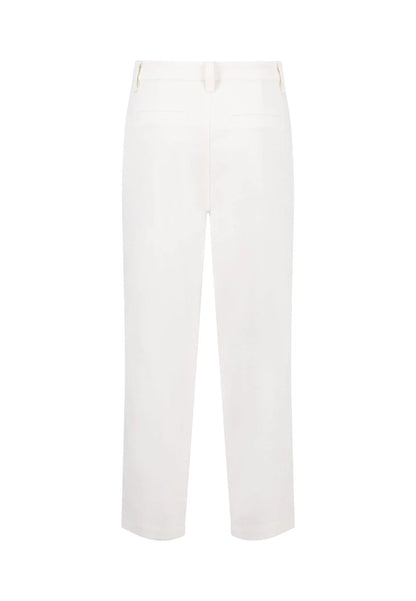 A pair of off-white, straight-leg trousers shown flat against a solid white background.
