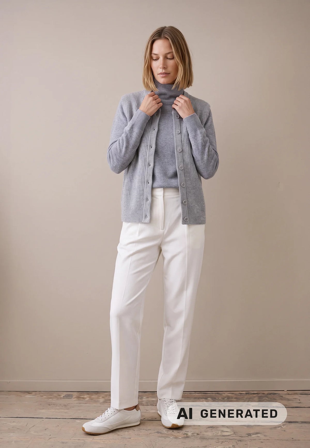A woman stands against a beige wall wearing a light gray knit cardigan over a matching gray turtleneck, white pants, and white sneakers. A white label at the bottom reads 'AI GENERATED'.