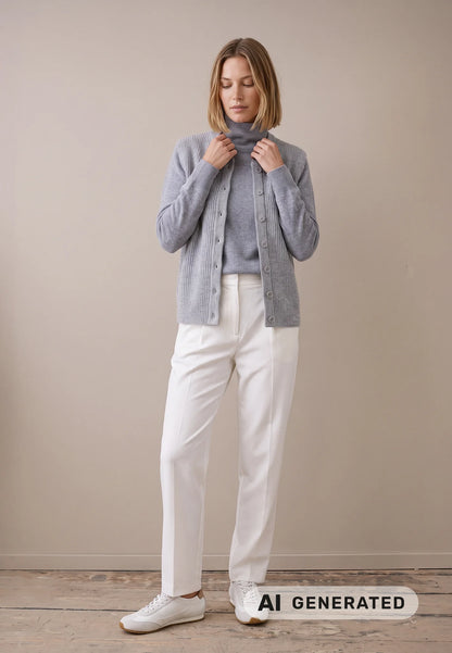 A woman stands against a beige wall wearing a light gray knit cardigan over a matching gray turtleneck, white pants, and white sneakers. A white label at the bottom reads 'AI GENERATED'.
