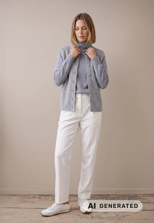 A woman stands against a beige wall wearing a light gray knit cardigan over a matching gray turtleneck, white pants, and white sneakers. A white label at the bottom reads 'AI GENERATED'.