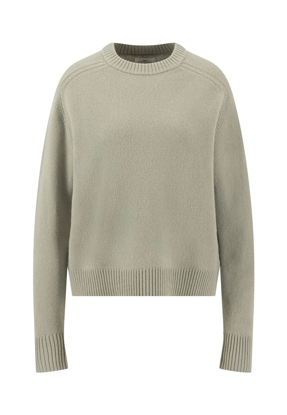 A light sage green crewneck knit sweater with ribbed collar, cuffs, and hem, displayed on a clean white background.