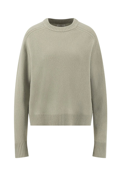 A light sage green crewneck knit sweater with ribbed collar, cuffs, and hem, displayed on a clean white background.