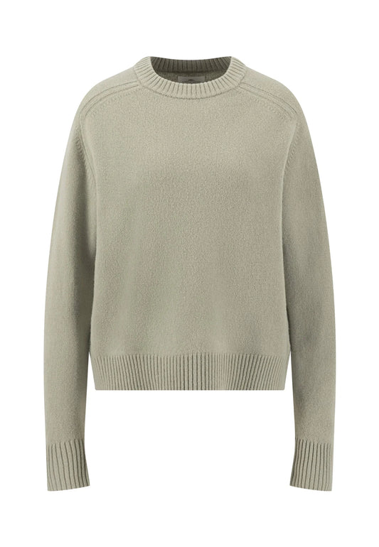 A light sage green crewneck knit sweater with ribbed collar, cuffs, and hem, displayed on a clean white background.