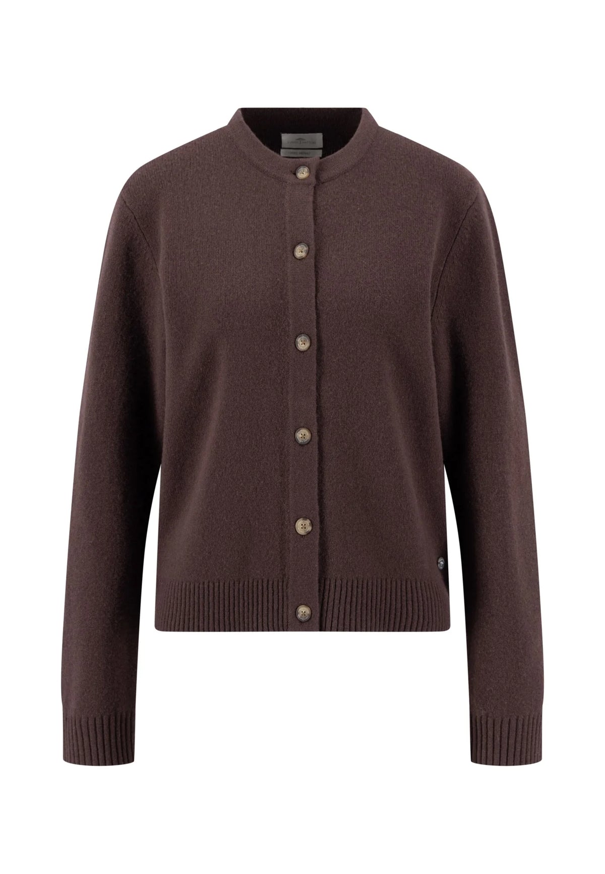 A dark brown knit cardigan sweater with a button-up front, ribbed collar, cuffs, and hem, displayed on a clean white background.