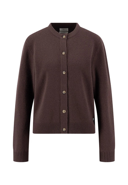 A dark brown knit cardigan sweater with a button-up front, ribbed collar, cuffs, and hem, displayed on a clean white background.