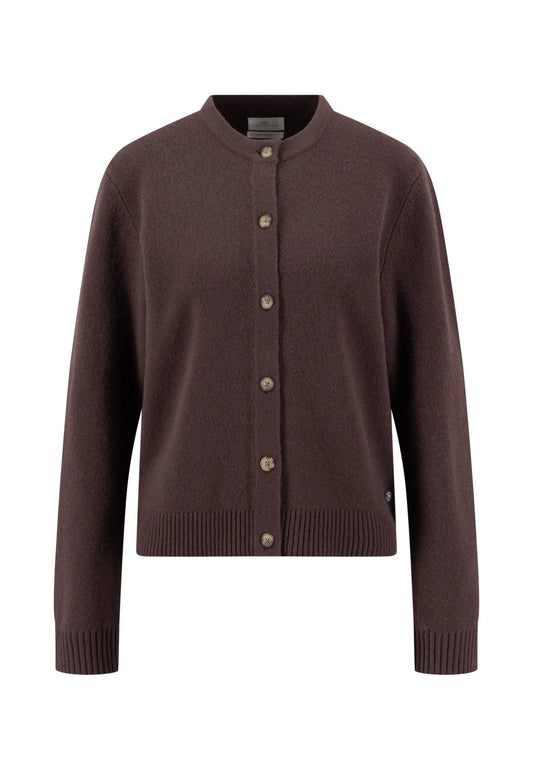 A dark brown knit cardigan sweater with a button-up front, ribbed collar, cuffs, and hem, displayed on a clean white background.