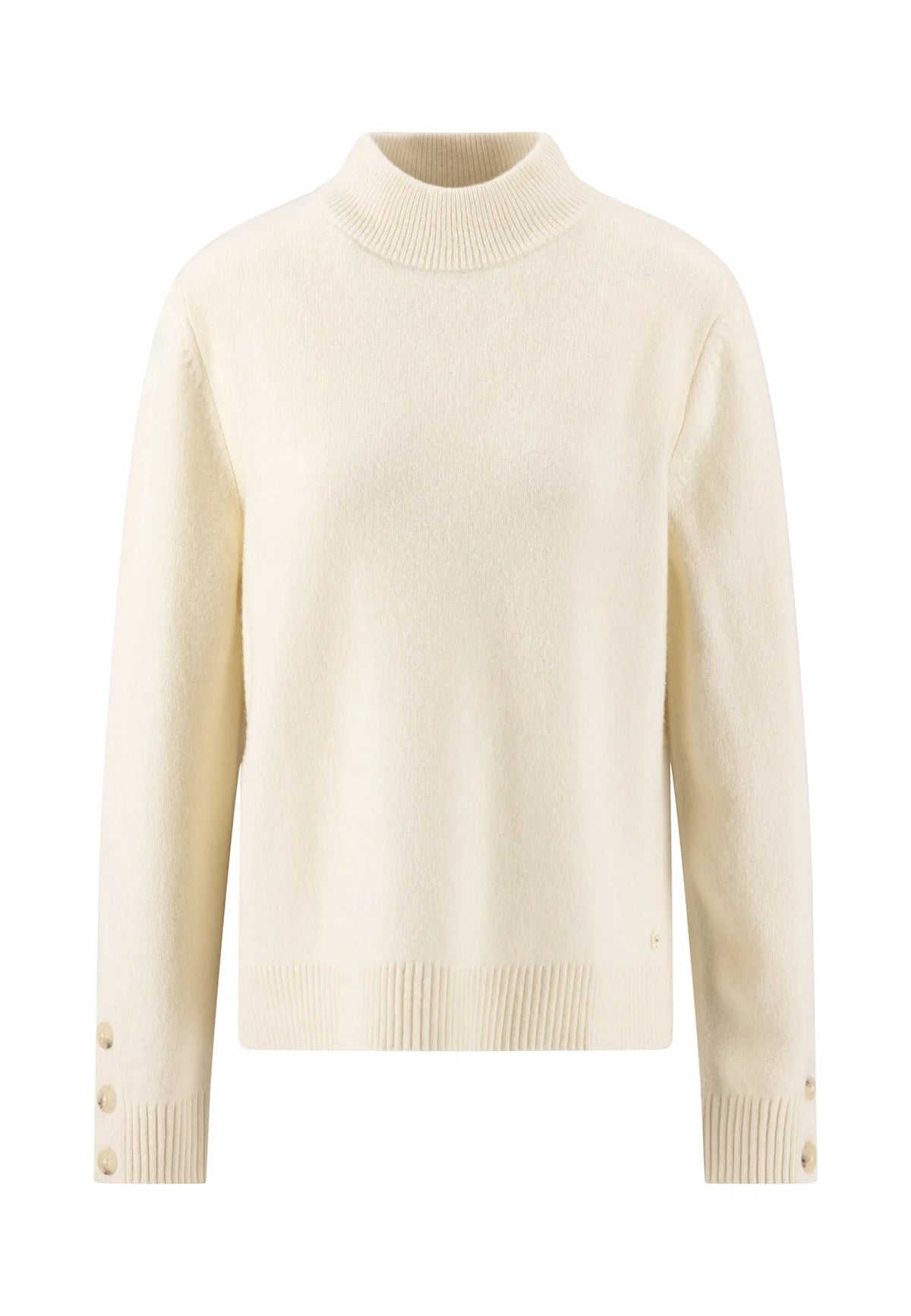 A cream-colored knit mock neck sweater with long sleeves, ribbed cuffs and hem, and decorative buttons on the cuffs, shown against a plain white background.