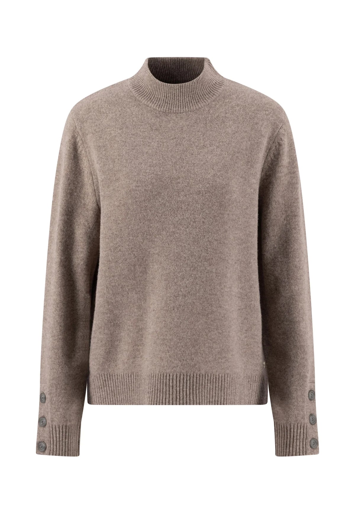 Brown sweater with button details on a white background