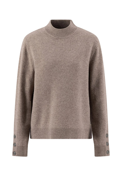 Brown sweater with button details on a white background
