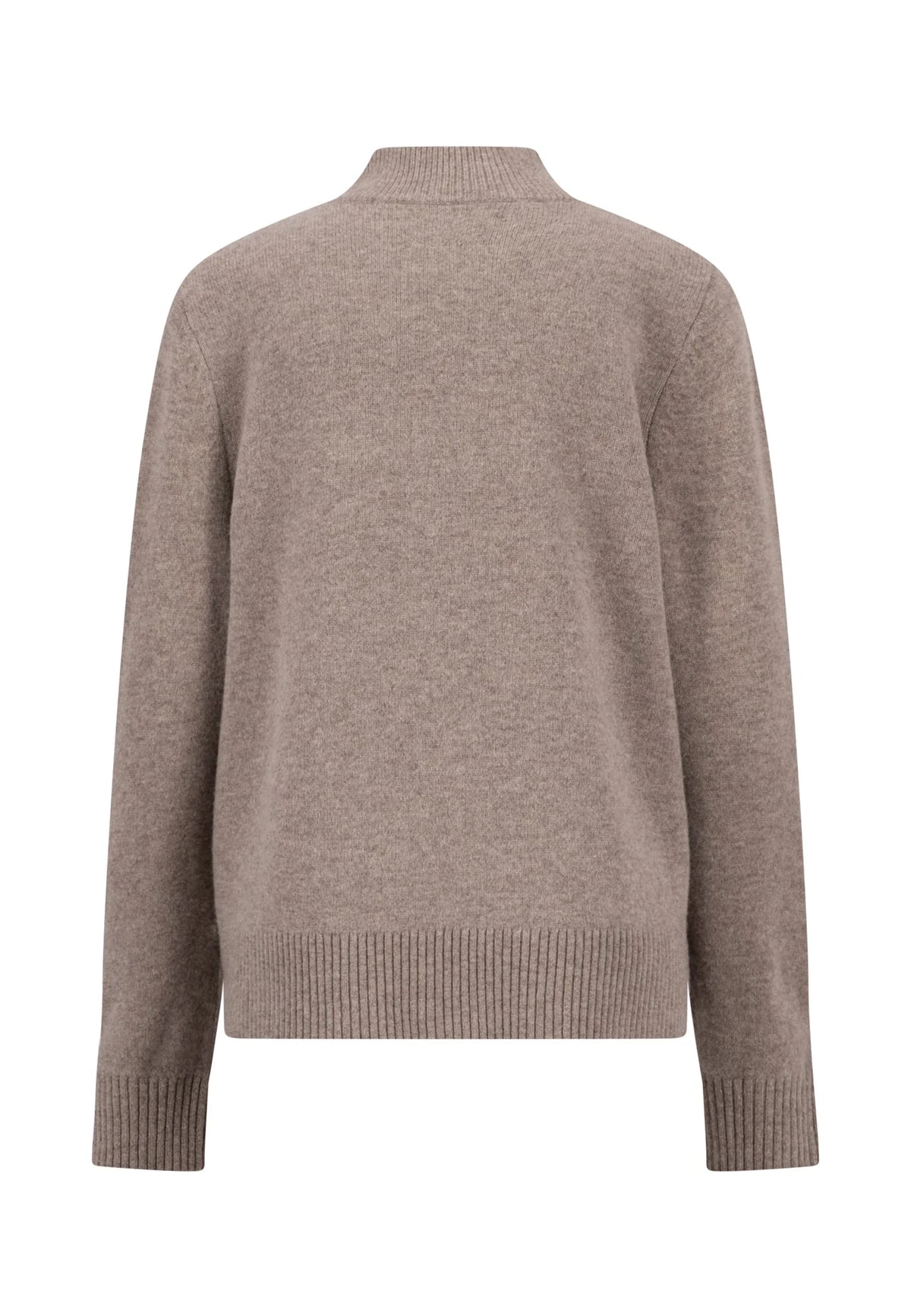 A taupe knit sweater with a mock neck, shown from the back on a plain white background.