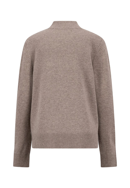 A taupe knit sweater with a mock neck, shown from the back on a plain white background.