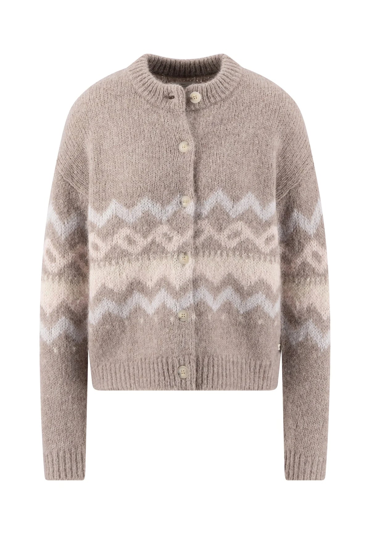 Knitted cardigan with a patterned design on a white background