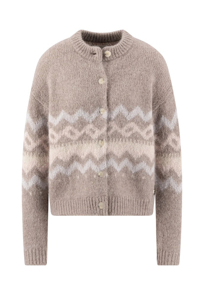 Knitted cardigan with a patterned design on a white background