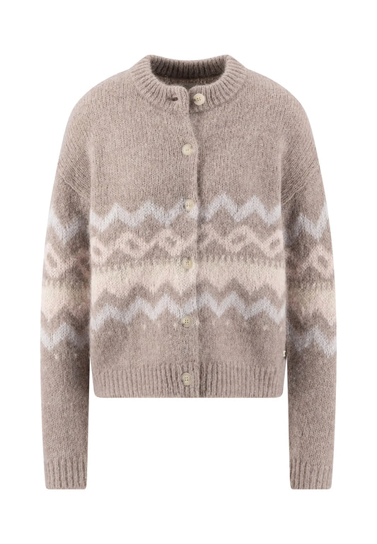 Knitted cardigan with a patterned design on a white background