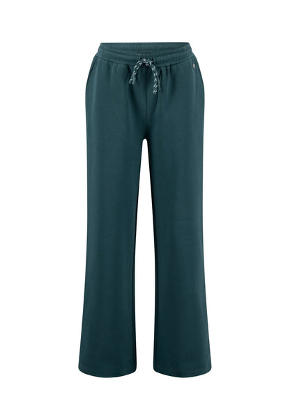 Dark teal wide-leg sweatpants with an elastic waistband and a matching drawstring, shown against a plain white background.