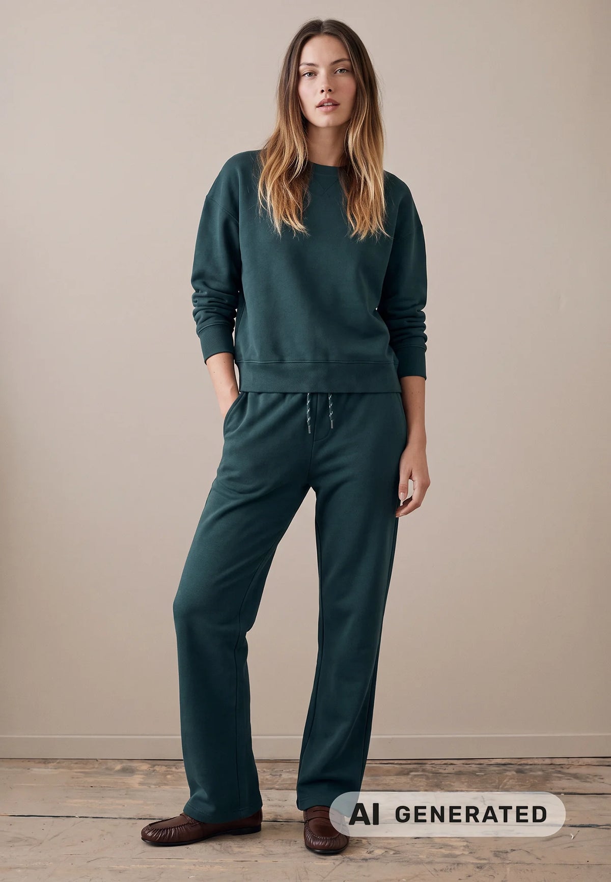 A woman modeling a dark teal green sweatshirt and matching drawstring pants set, standing against a plain beige wall with a wood floor. An 'AI GENERATED' label is visible in the bottom right corner.