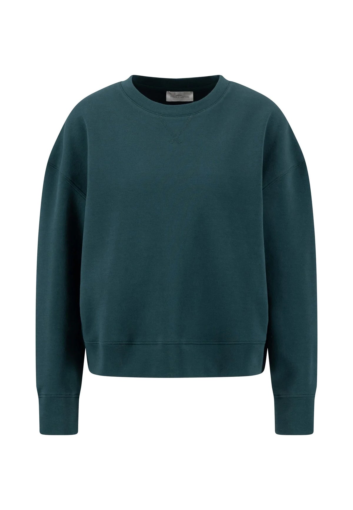 A dark teal crewneck sweatshirt with long sleeves and ribbed cuffs, shown against a plain white background.