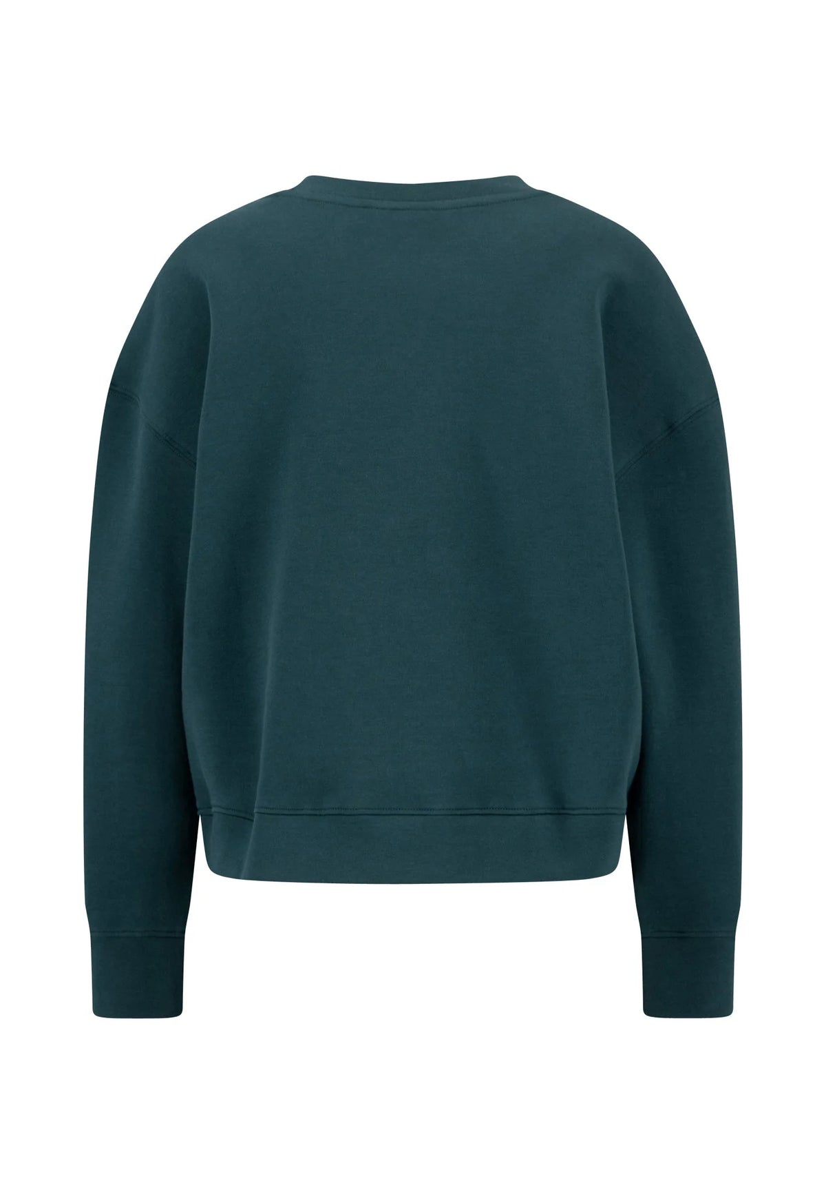 A dark teal green crewneck sweatshirt shown from the back, photographed against a solid white background.