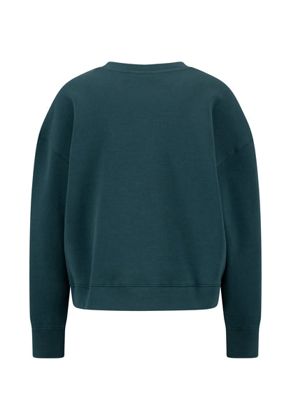A dark teal green crewneck sweatshirt shown from the back, photographed against a solid white background.