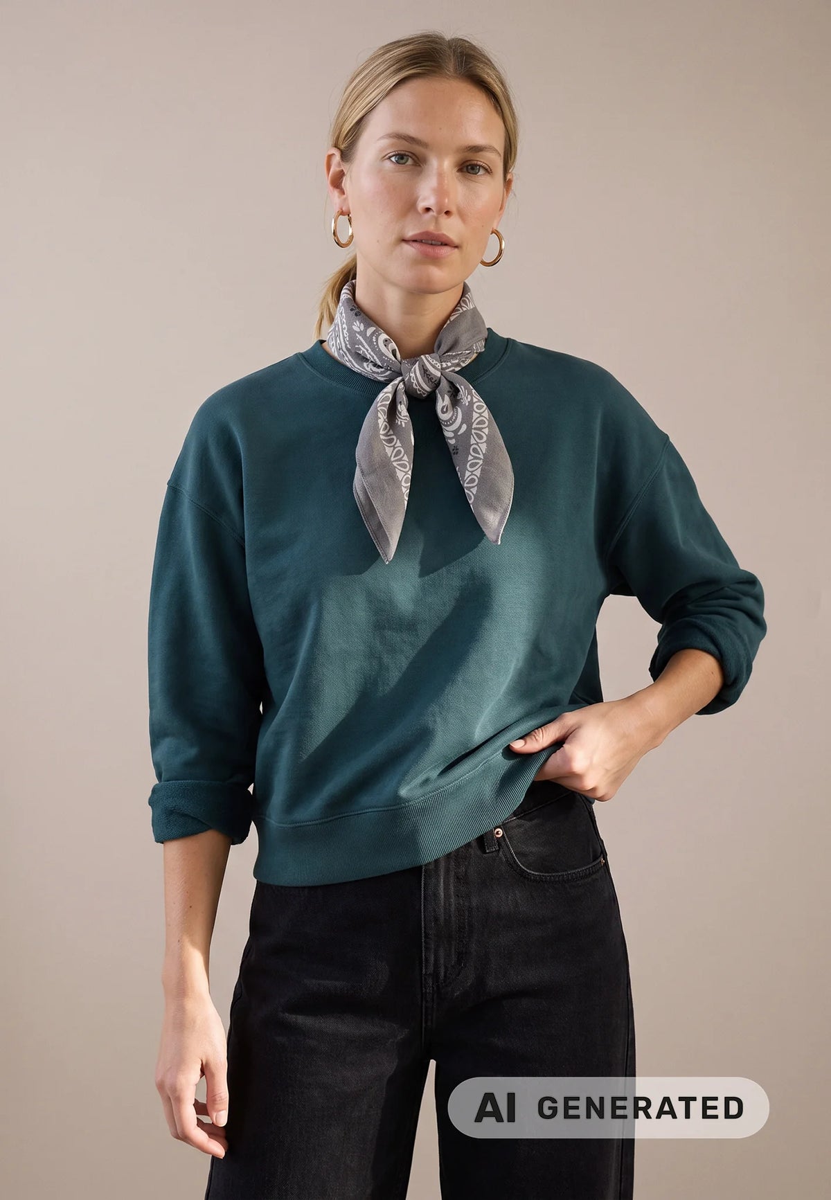 A woman modeling a dark teal crewneck sweatshirt with a gray and white patterned neck scarf, paired with black jeans, against a solid beige background. An 'AI GENERATED' label is visible in the bottom right corner.