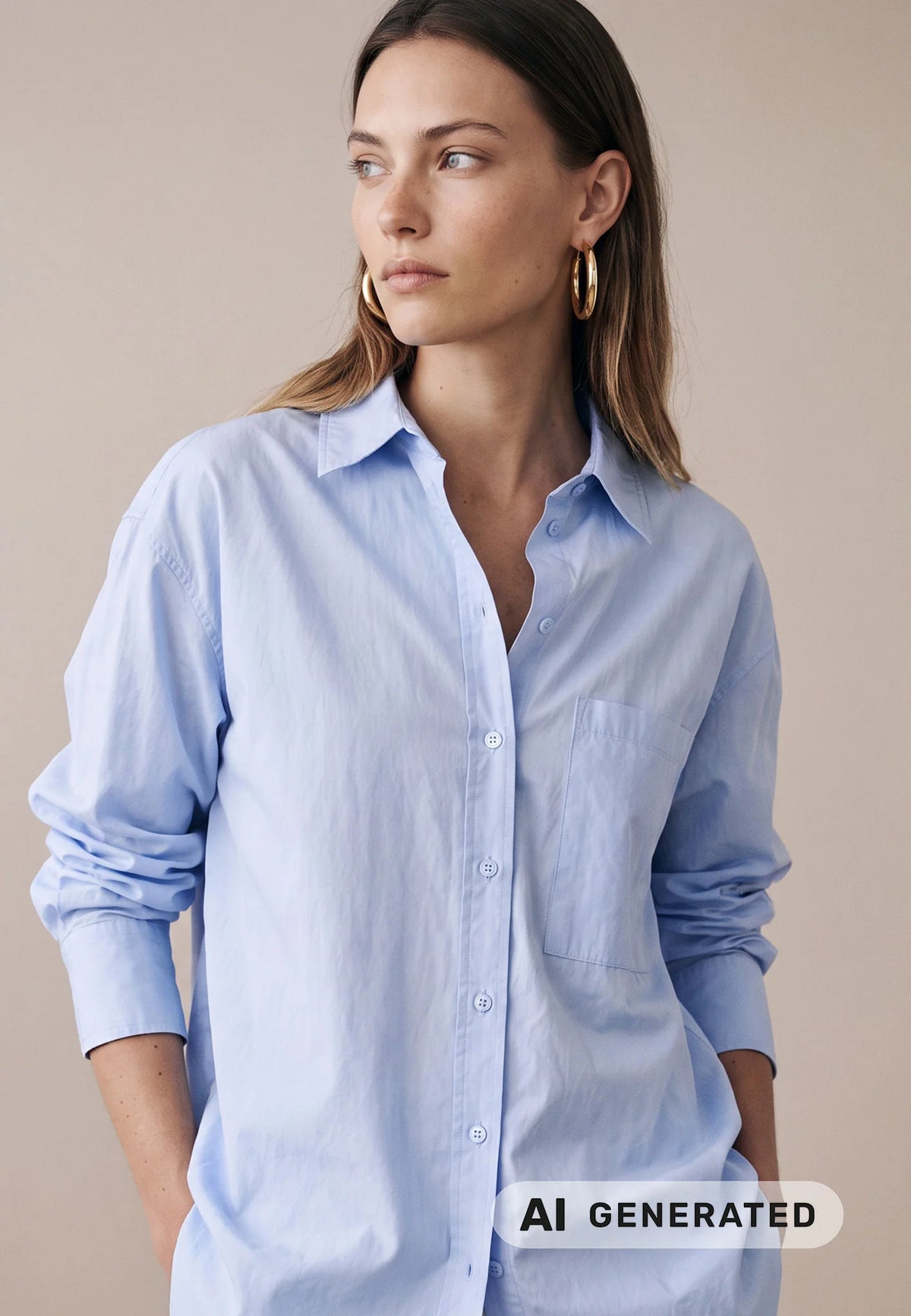 A woman wearing a light blue long-sleeve button-up shirt with a chest pocket, posed against a plain beige background. An 'AI GENERATED' label is visible in the bottom right corner.