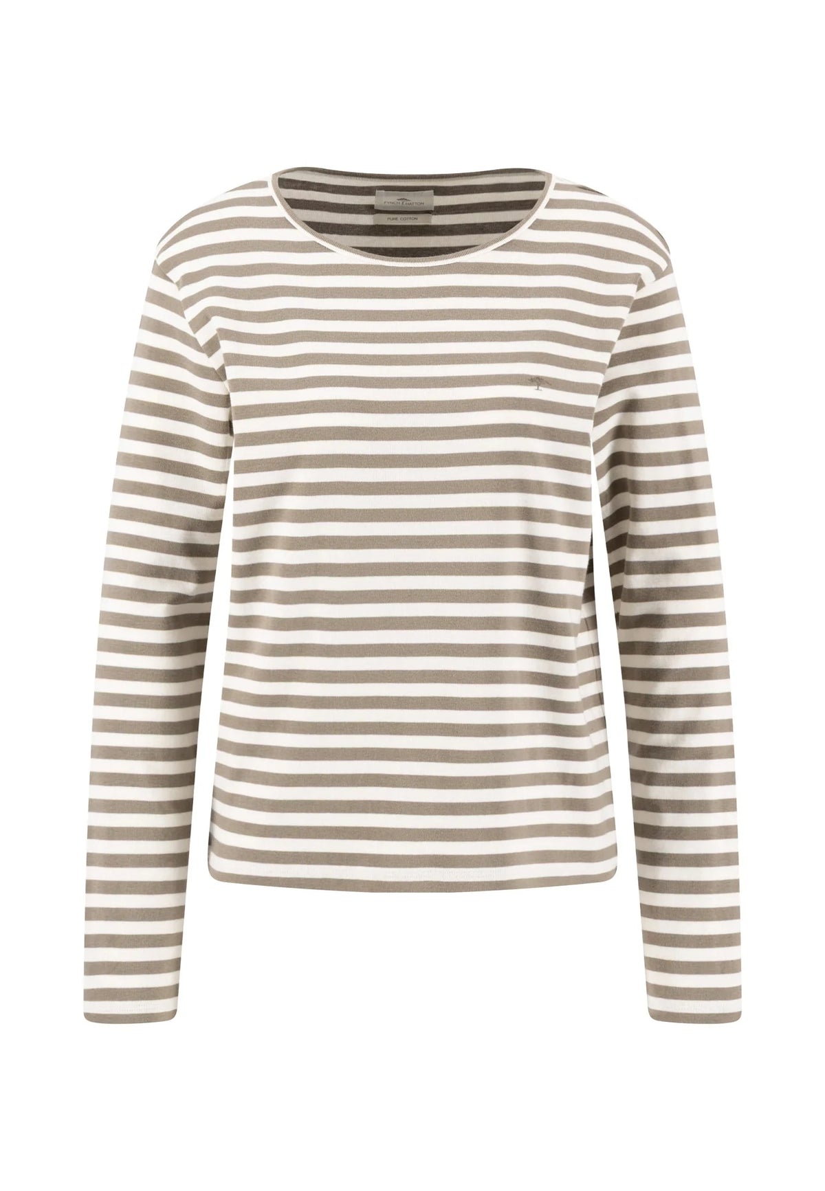A long-sleeve crewneck top with horizontal beige and white stripes, displayed on a clean white background.