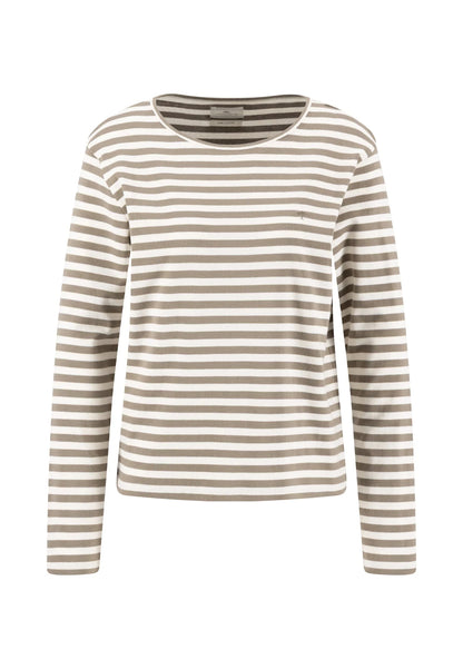 A long-sleeve crewneck top with horizontal beige and white stripes, displayed on a clean white background.