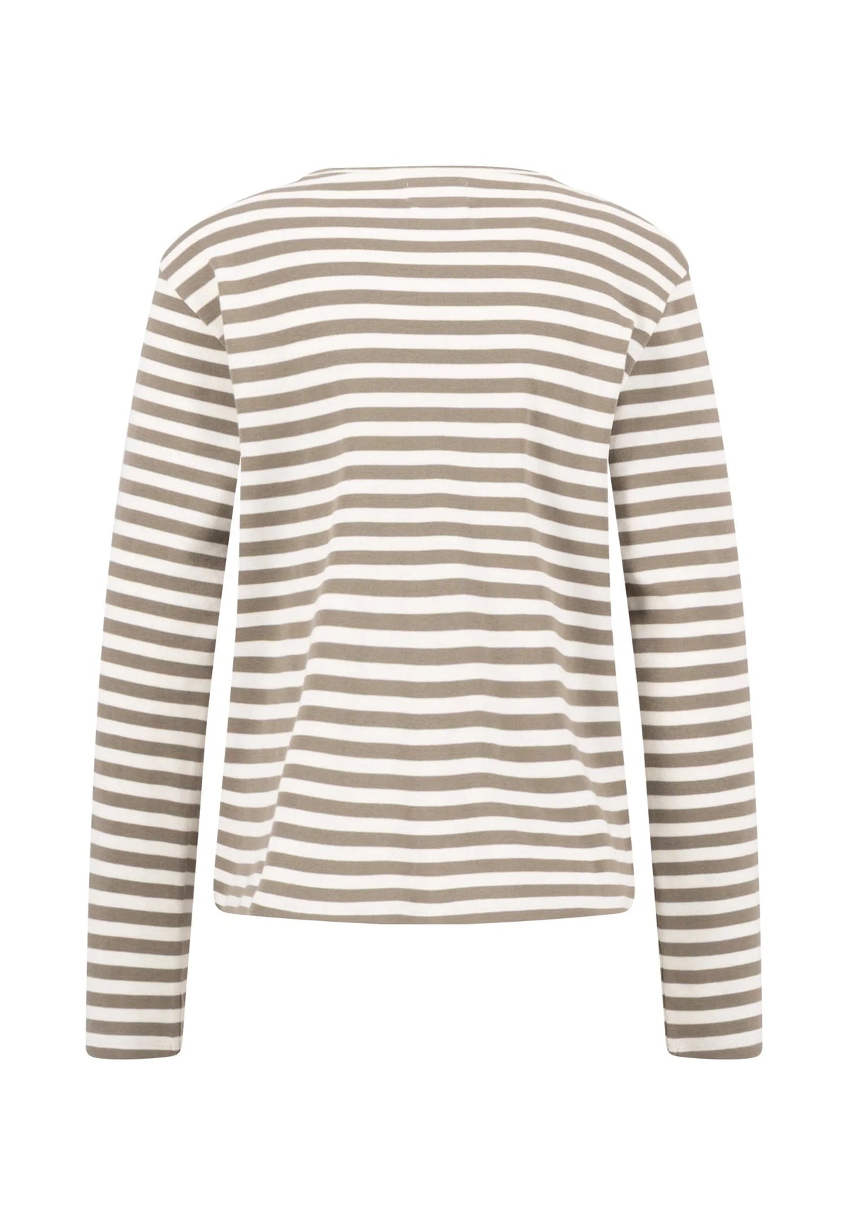 A long-sleeve striped top shown from the back, featuring horizontal stripes in taupe and off-white, displayed on a clean white background.