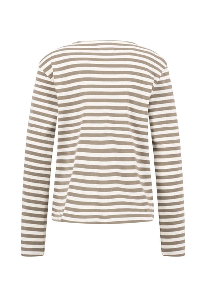 A long-sleeve striped top shown from the back, featuring horizontal stripes in taupe and off-white, displayed on a clean white background.