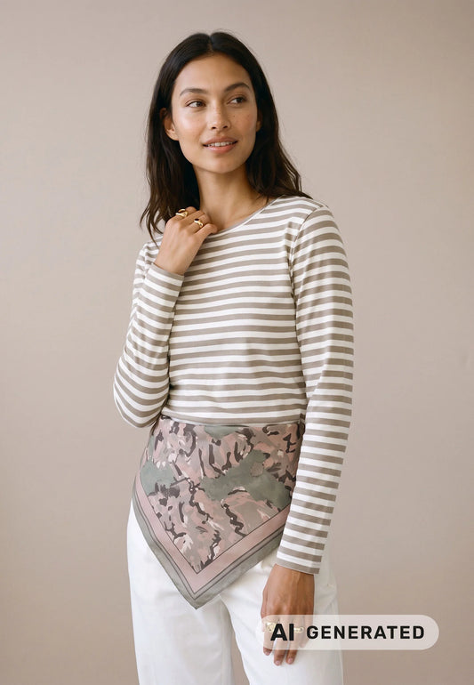A woman modeling a beige and white horizontally striped long-sleeve top with a patterned scarf tied around her waist, paired with white pants, against a solid beige background.