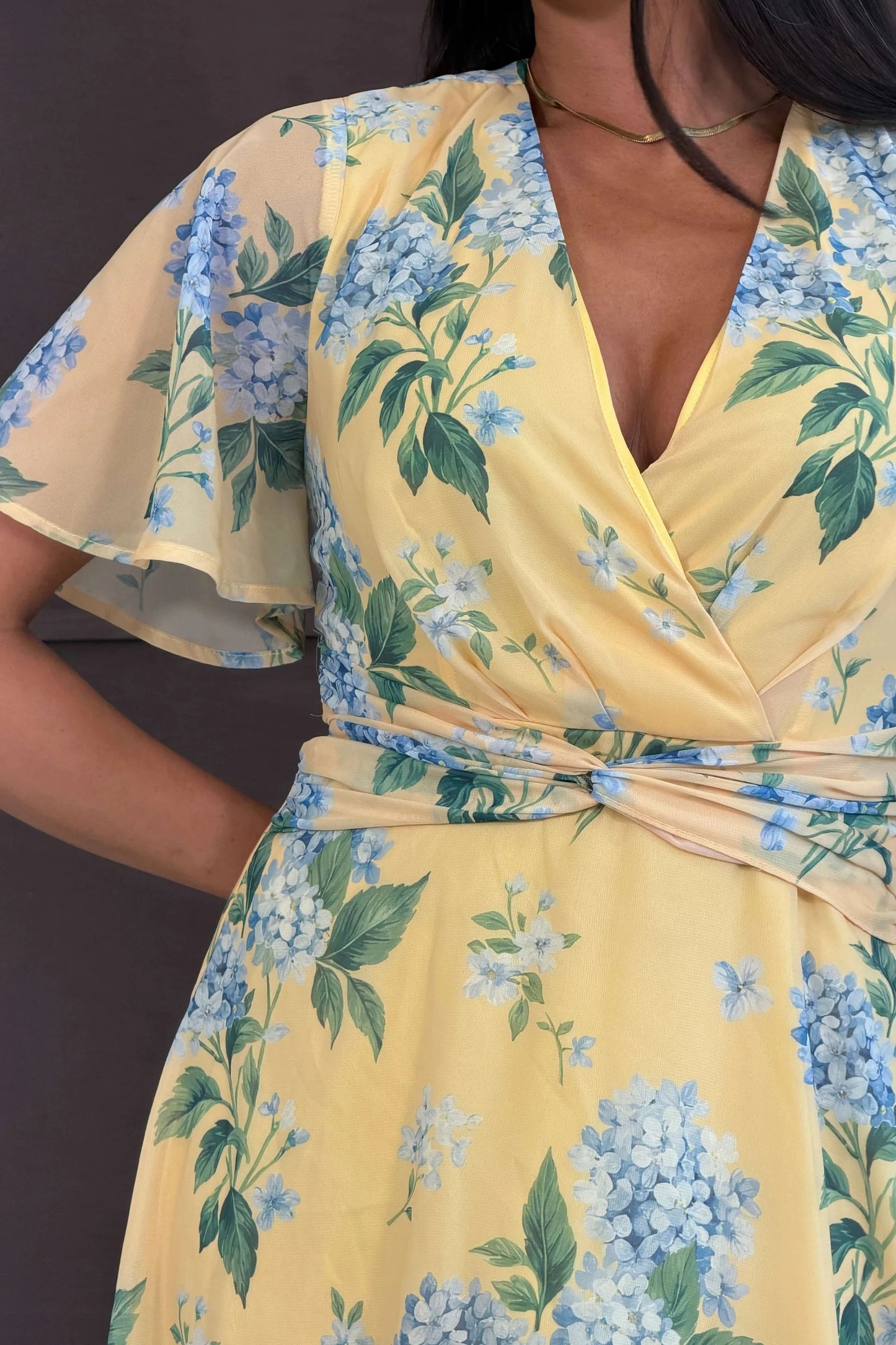 Girl In Mind Daisy Wrap Neck Twist Detail Midi Dress - Yellow